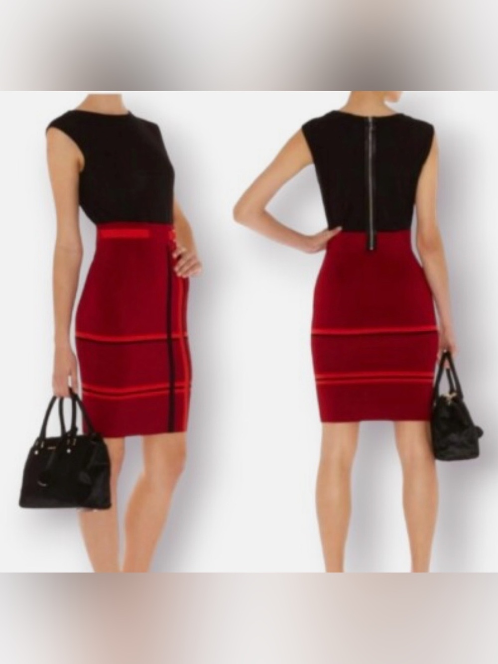 Karen Millen Black and Red Colorblock Sleeveless Knit Dress